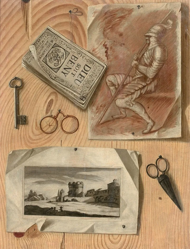 Trompe Loeil Au Dessin Representant Un Soldat Assis A Lalmanach Et A Lestampe Wall Art by Gaspard Gresly - High-Resolution Digital Print