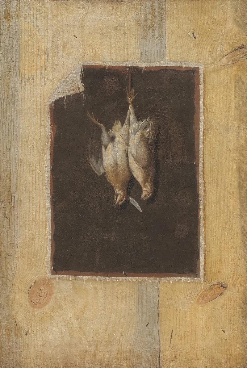 Trompe Loeil Board Partition With A Still Life Of Two Dead Birds Hanging On A Wall Wall Art by Cornelius Norbertus Gijsbrechts - High-Resolution Digital Print