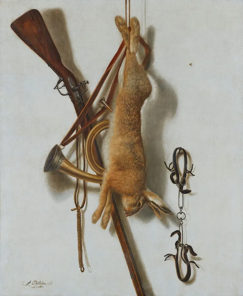 Trompe Loeil Mit Einem Erlegten Hasen Und Jagdutensilien Vor Einer Weisen Wand Wall Art by Jacob Biltius - High-Resolution Digital Print