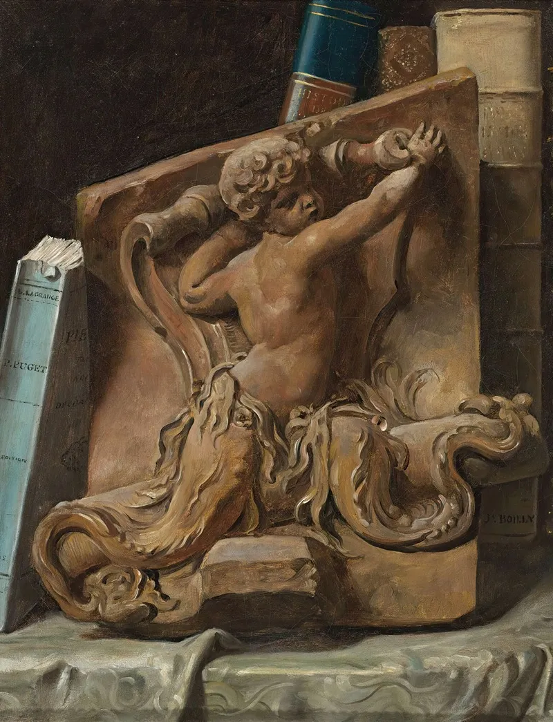 Trompe Loeil Of A Bookshelf With A Terracotta Relief
