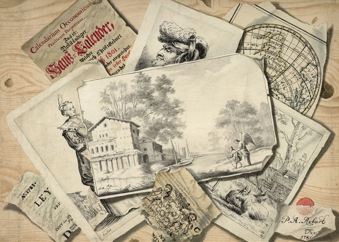 Trompe Loeil Of A Drawing Figuring Tobias And The Angel And Of Etchings Wall Art by P. A. Robart - High-Resolution Digital Print