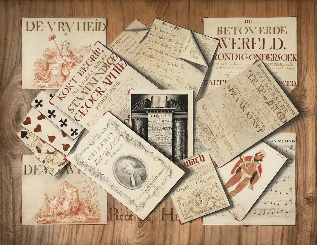 Trompe Loeil Of A Frontispiece Of The Bible Scores And Playing Cards Wall Art by Piere De Hoop - High-Resolution Digital Print