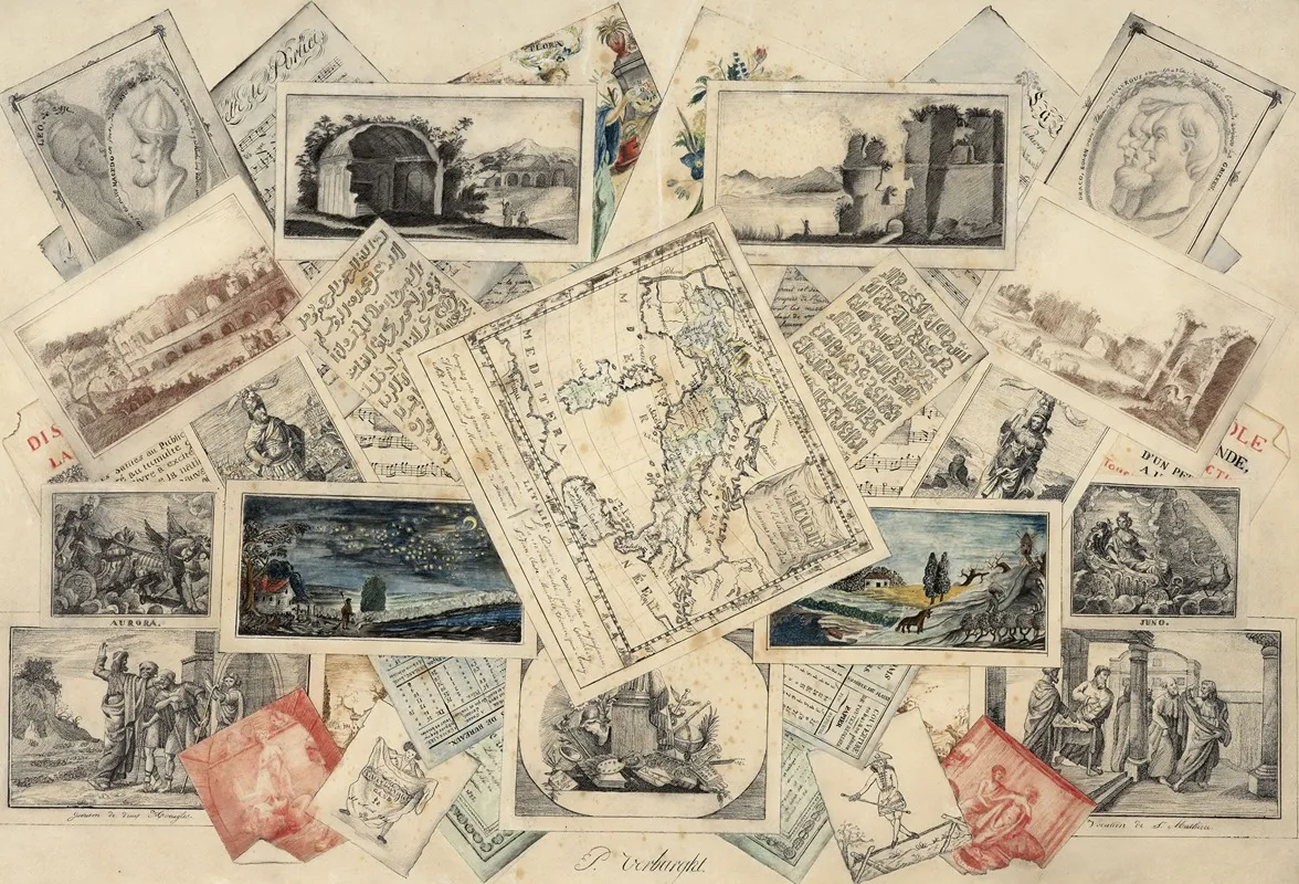 Trompe Loeil Of A Map Of Italy And Of Etchings And Scores Wall Art by P. Verburght - High-Resolution Digital Print