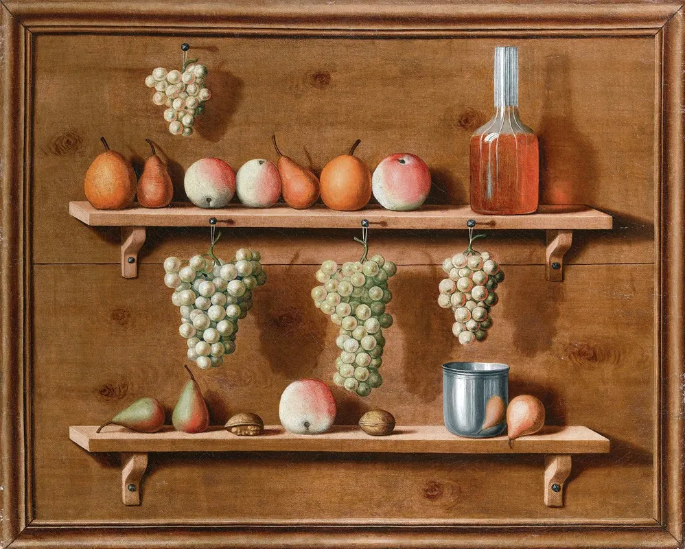 Trompe Loeil Of Pears Apples And Nuts Resting On Ledges And Bunches Of Grapes Hanging From Ledges All Within A Painted Frame Wall Art by Jean Valette-Falgores - High-Resolution Digital Print