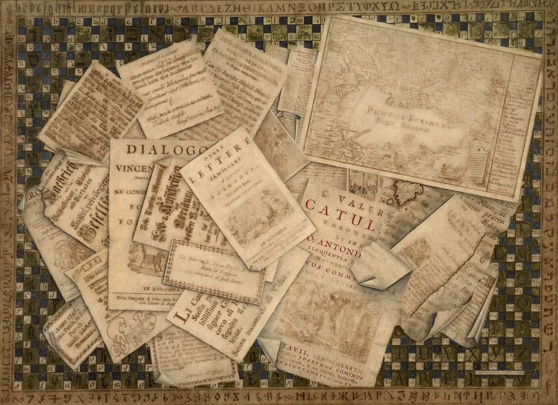 Trompe Loeil Of Prints And Of An Alphabet Sampler
