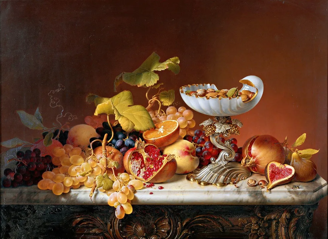 Tropical Fruits With Milk Glass Shell In Shell Shape Wall Art by Johann Wilhelm Preyer - High-Resolution Digital Print