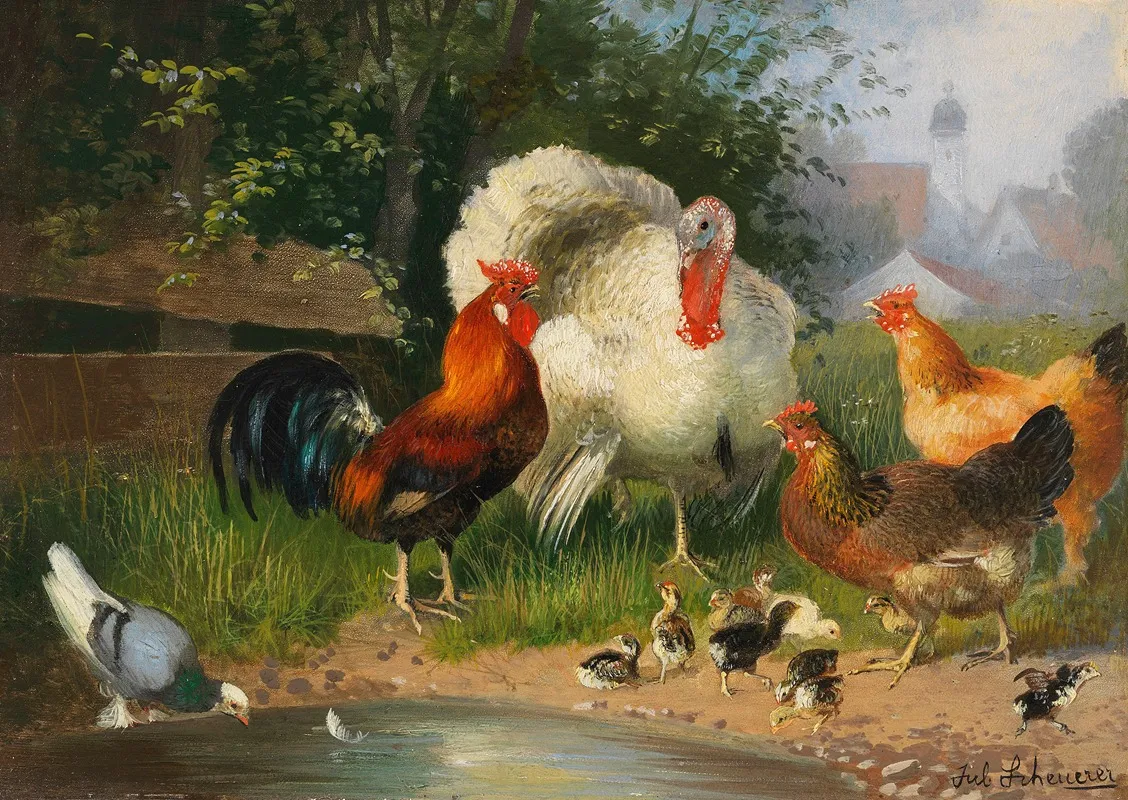 Truthahn Hahn Huhner Kuken Und Taube An Der Tranke Wall Art by Julius Scheuerer - High-Resolution Digital Print