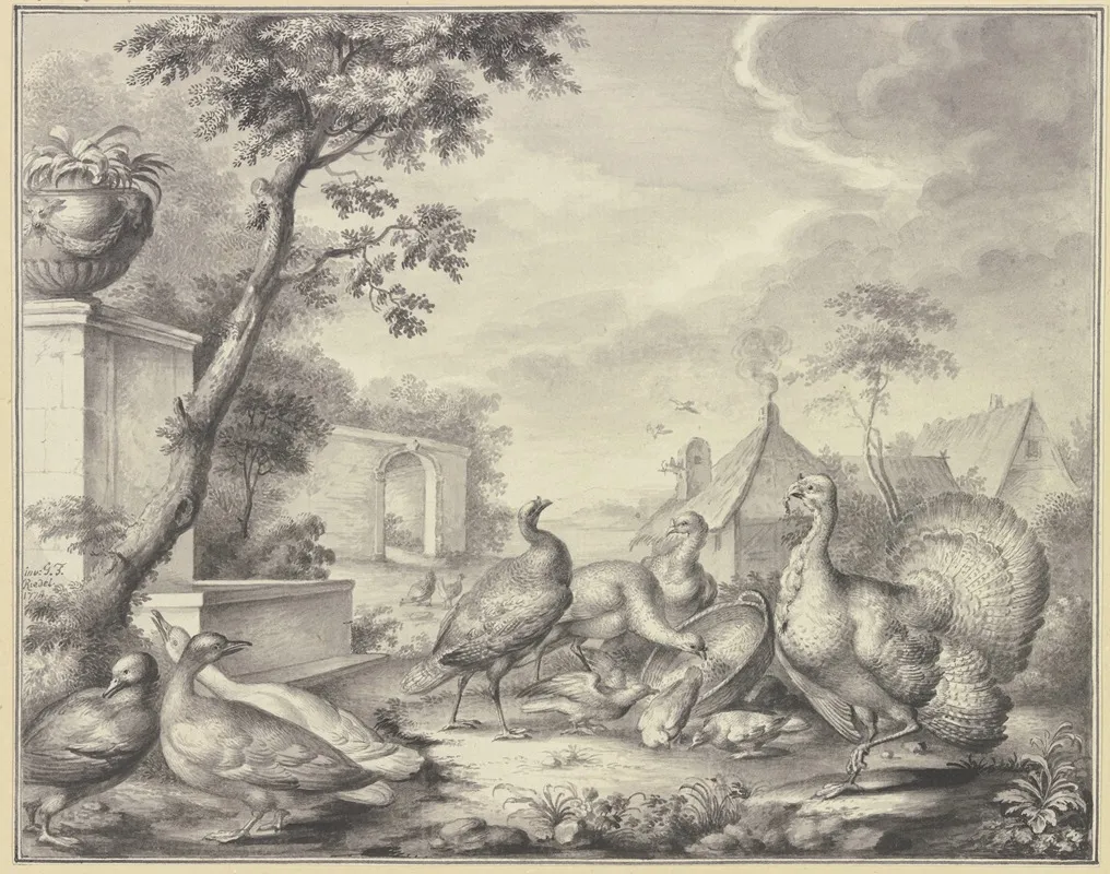 Truthahn Und Tauben Bei Der Futterung Links Drei Enten Wall Art by Gottlieb Friedrich Riedel - High-Resolution Digital Print