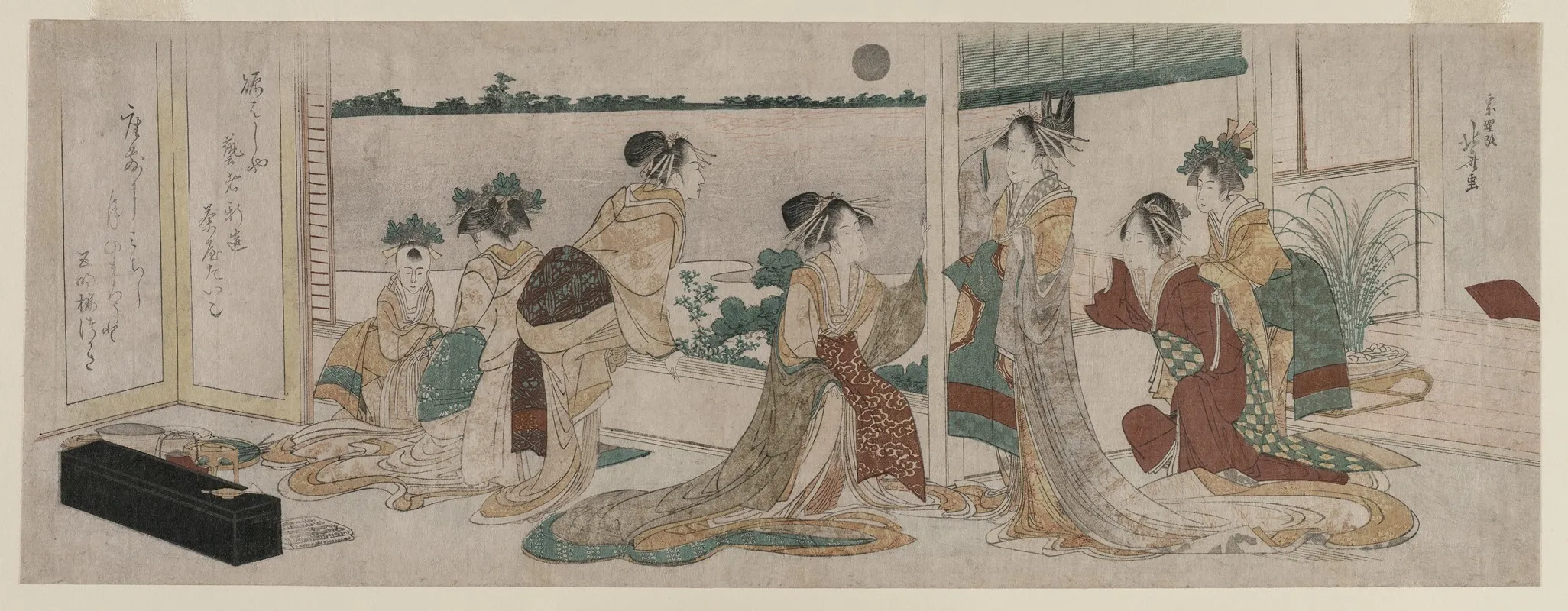 Tsukasa And Other Courtesans Of The Ogiya Watching The Autumn Moon Rise Over Rice Fields From A Balcony In The Yoshiwara Wall Art by Katsushika Hokusai - High-Resolution Digital Print