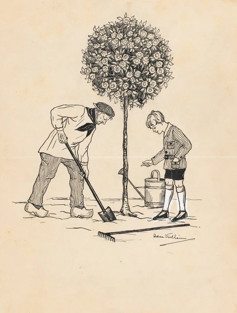 Tuinierende Jongen En Man Bij Een Rozenboom Wall Art by Adrie Vürtheim - High-Resolution Digital Print