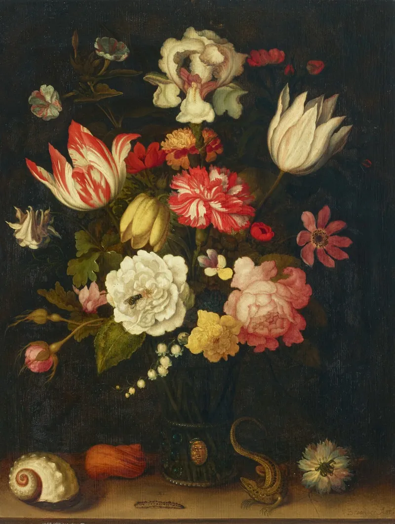 Tulips Carnations Roses And Other Flowers In A Roemer With Shells And A Lizard On A Ledge Wall Art by Balthasar van der Ast - High-Resolution Digital Print