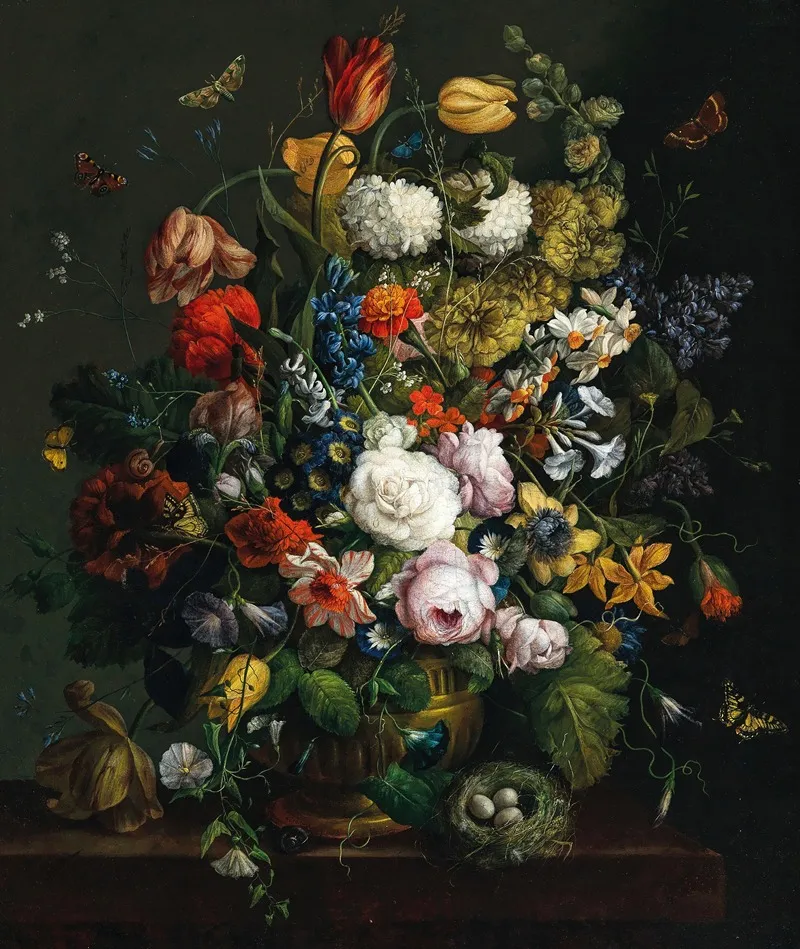 Tulips Daffodils Roses And Other Flowers In A Vase On A Stone Ledge With Butterflies And A Birds Nest Wall Art by Johann Baptist Drechsler - High-Resolution Digital Print