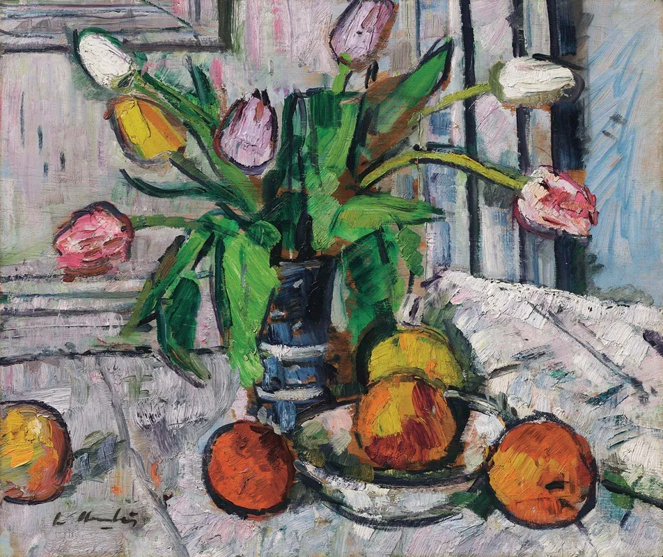 Tulips In A Blue Vase Wall Art by George Leslie Hunter - High-Resolution Digital Print