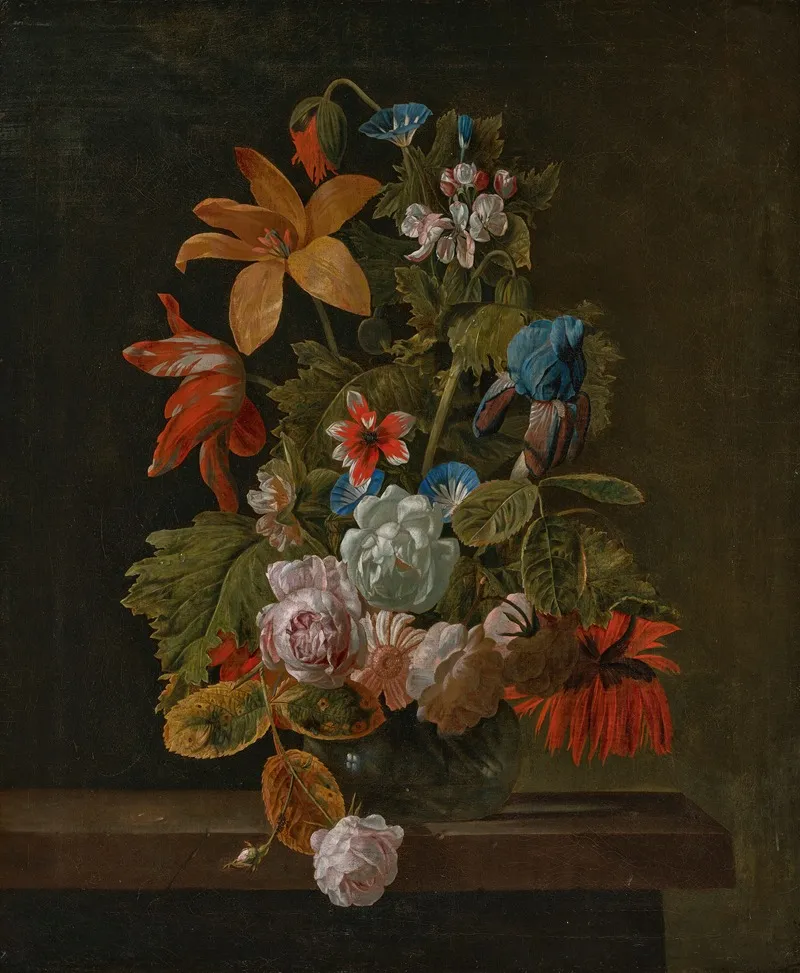 Tulips Roses An Iris And Various Flowers In A Glass Vase On A Stone Ledge Wall Art by Simon Verelst - High-Resolution Digital Print