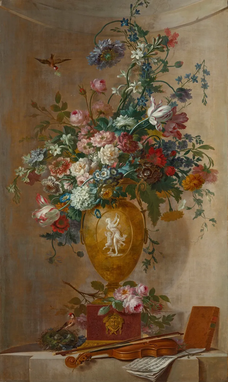 Tulips Roses Narcissi Morning Glory And Other Flowers In A Sculpted Vase With A Violin And Sheet Of Music