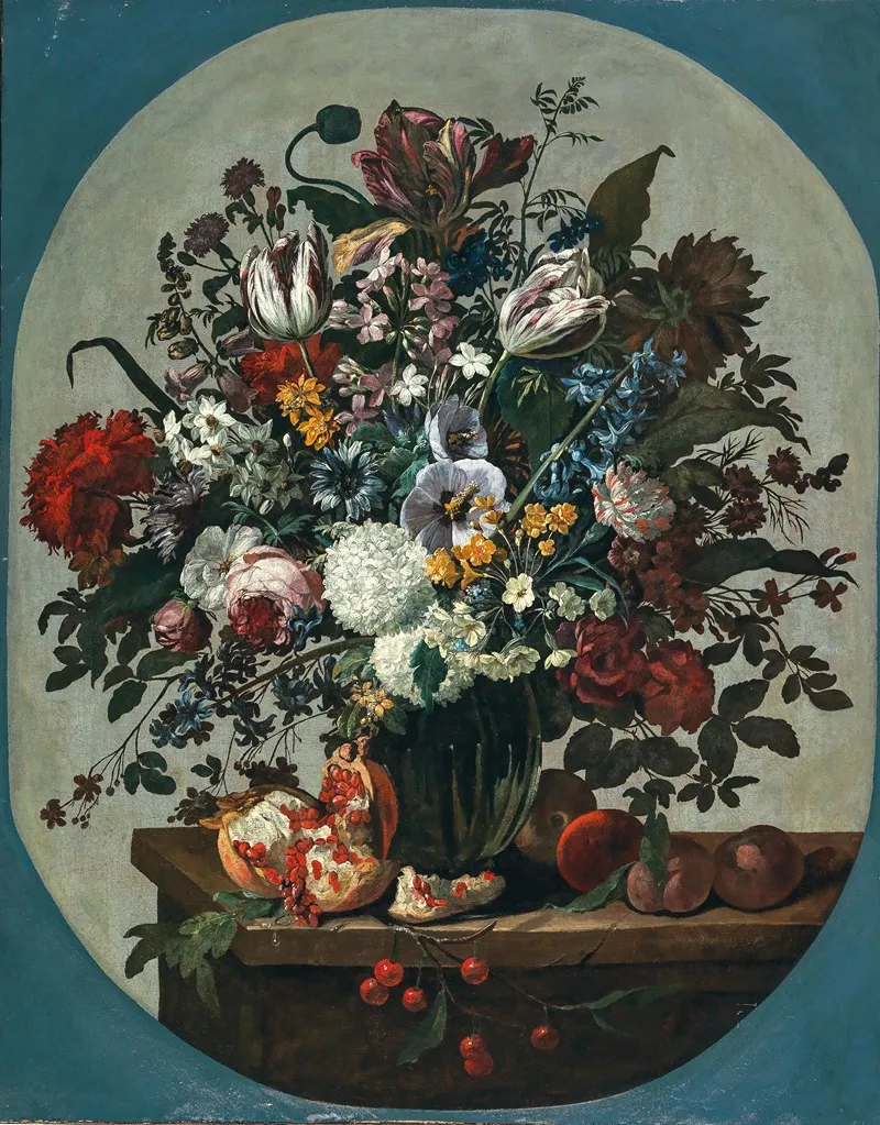 Tulips Squills Hydrangeas Peonies And Other Flowers In A Vase Surrounded By Pomegranates And Other Fruit On A Stone Ledge Wall Art by Gaspar Peeter Verbruggen the Elder - High-Resolution Digital Print