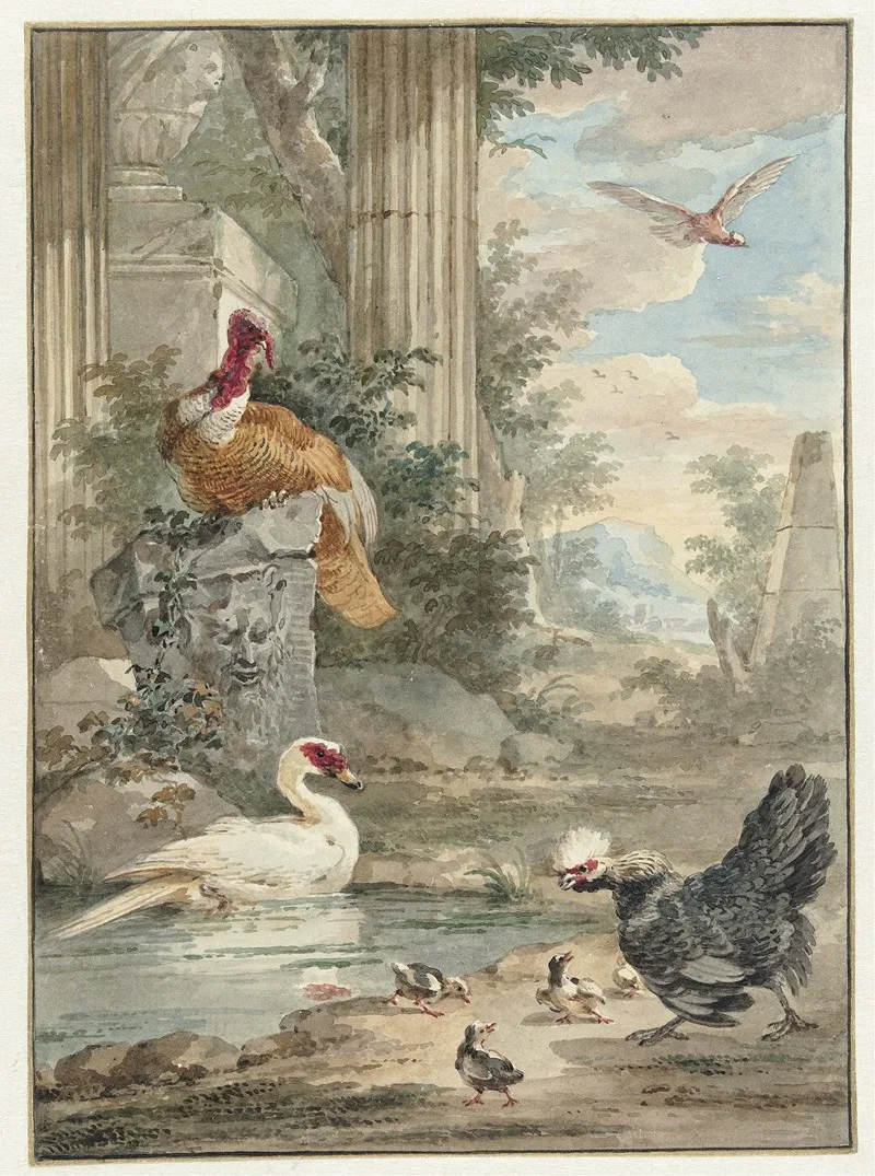Turkey And Other Birds Near Classical Ruins In A Park Wall Art by Aert Schouman - High-Resolution Digital Print