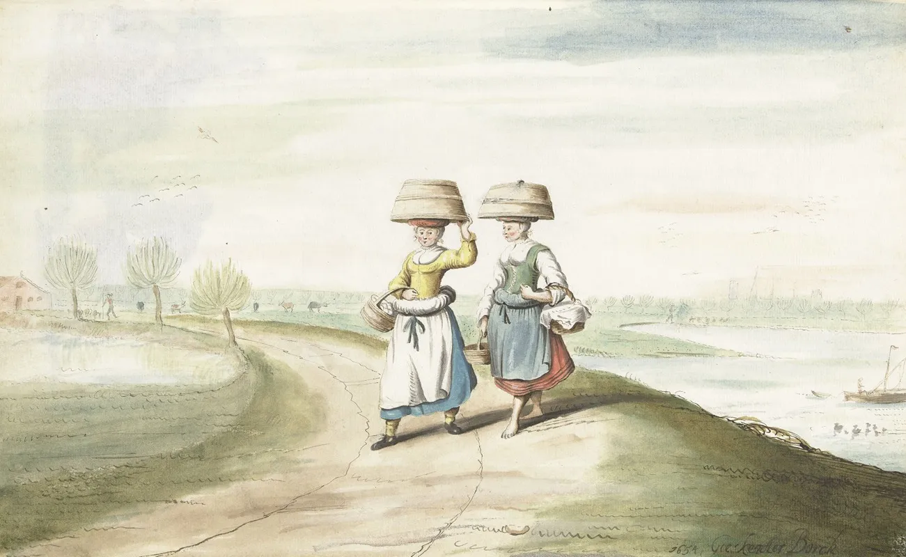Twee Boerenvrouwen Lopend In Een Landschap Wall Art by Gesina ter Borch - High-Resolution Digital Print
