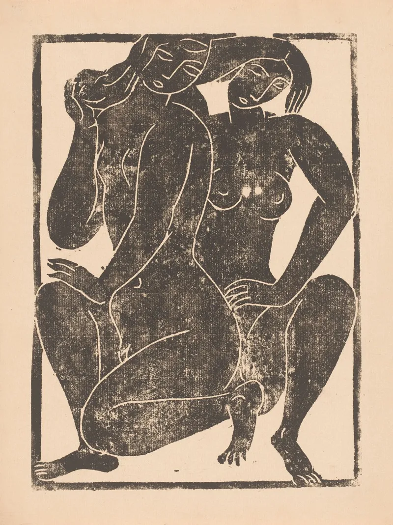 Twee Gehurkte Naakte Vrouwen Wall Art by Moissej Kogan - High-Resolution Digital Print