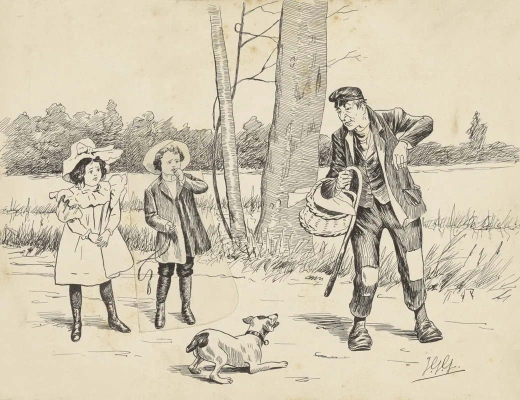Twee Kinderen Kijken Angstig Naar Een Man En Hond Wall Art by Johan Georg Gerstenhauer Zimmerman - High-Resolution Digital Print