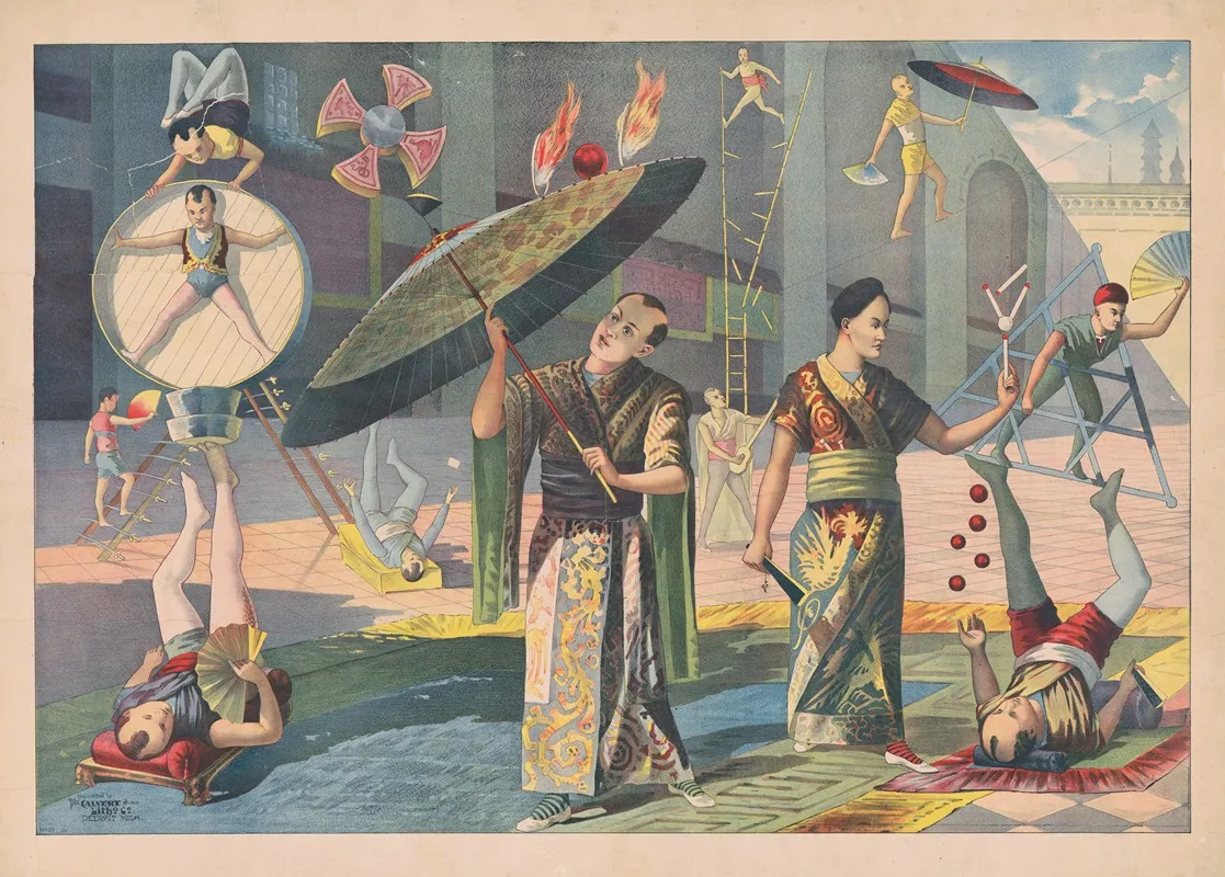 Twelve Asian Acrobats Performing Wall Art by Calvert Litho. Co - High-Resolution Digital Print