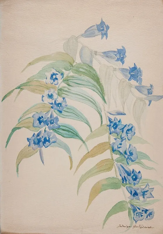 Twigs With Blue Flowers Wall Art by Jadwiga Gałęzowska - High-Resolution Digital Print