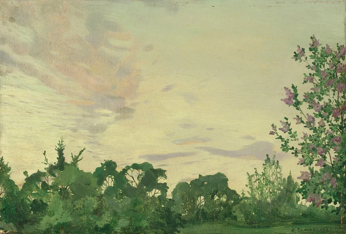 Twilight Evening Landscape With A Lilac Bush On The Right