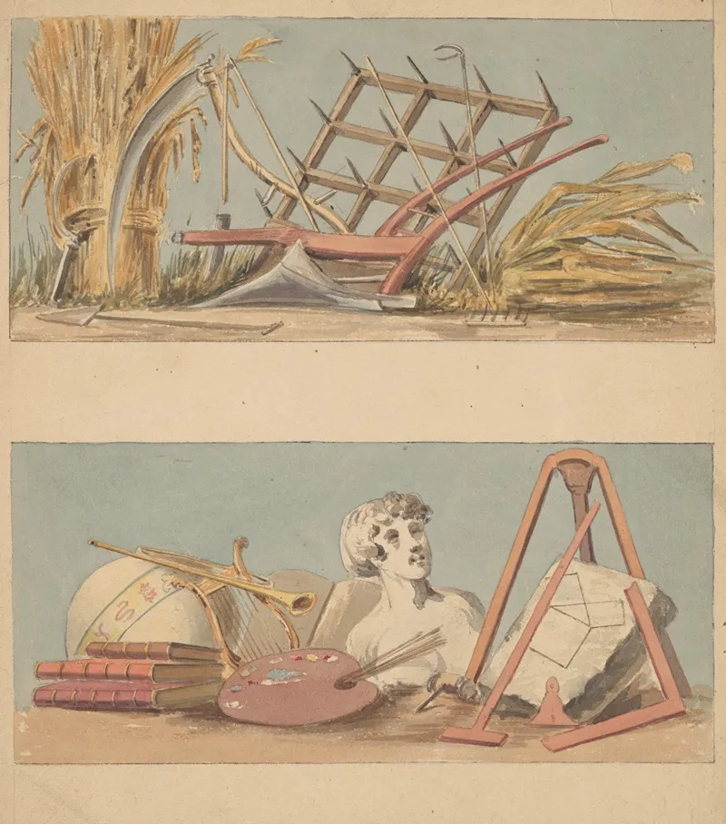 Two Allegorical Drawings On One Sheet Agriculture And Education