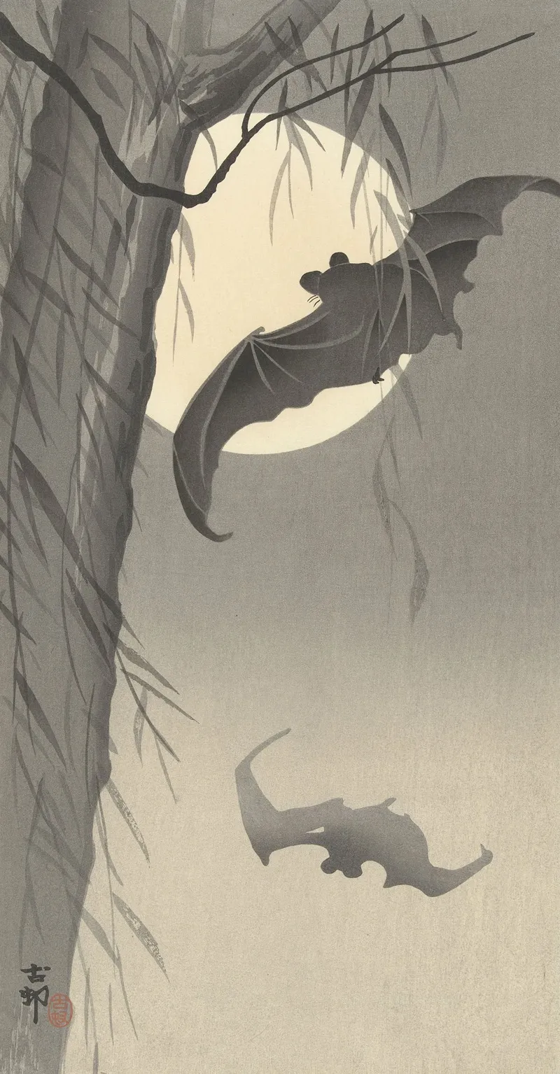 Two Bats At Full Moon Wall Art by Ohara Koson - High-Resolution Digital Print