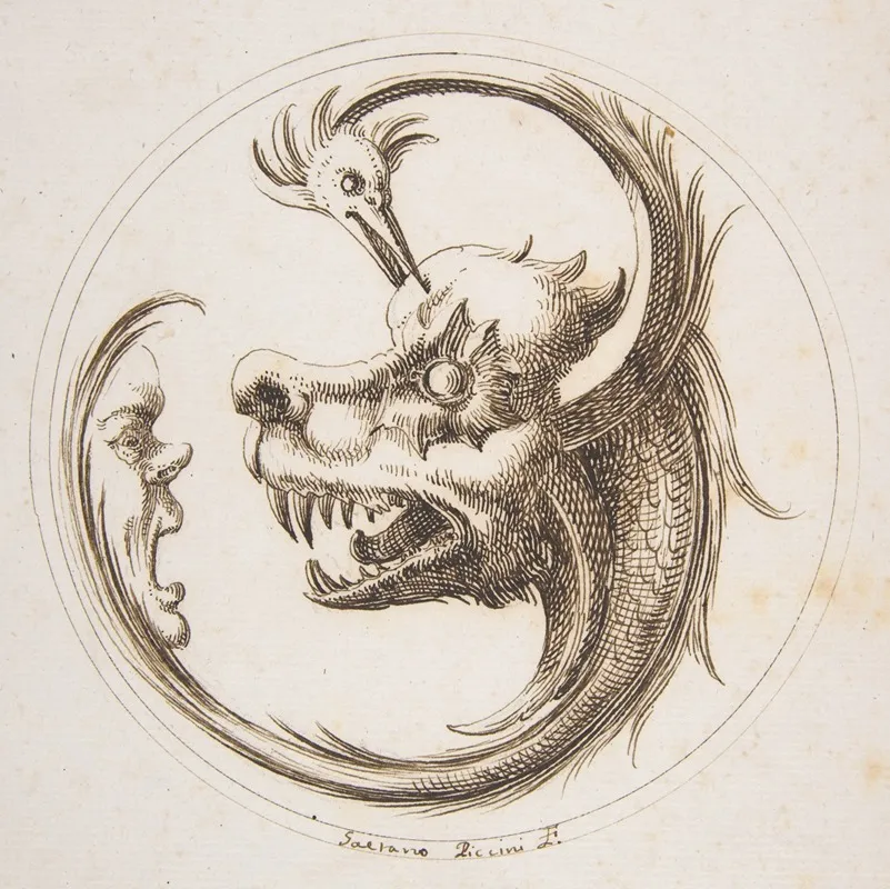 Two Beasts And A Human Mask Within A Circle