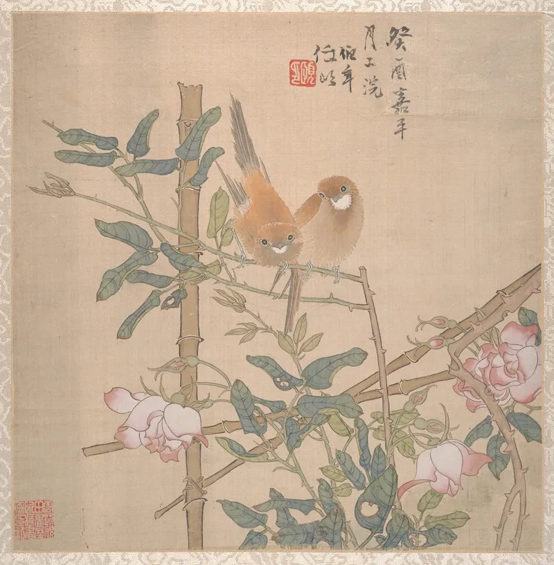 Two Birds Perched On A Flowering Rose Bush Wall Art by Ren Yi - High-Resolution Digital Print
