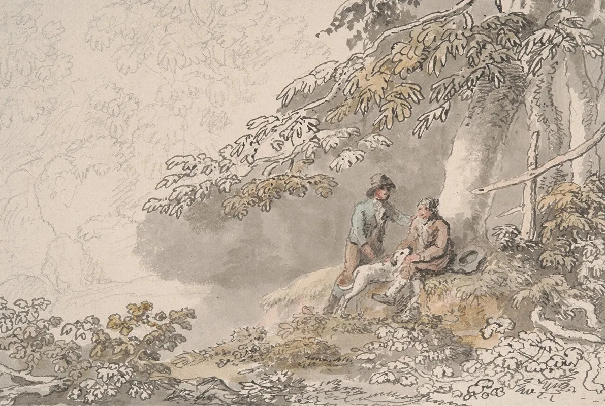 Two Boys And A Dog In A Wood