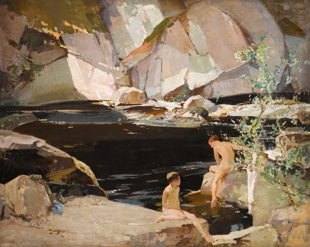 Two Boys Bathing In A Rockpool Wall Art by Harry Watson - High-Resolution Digital Print