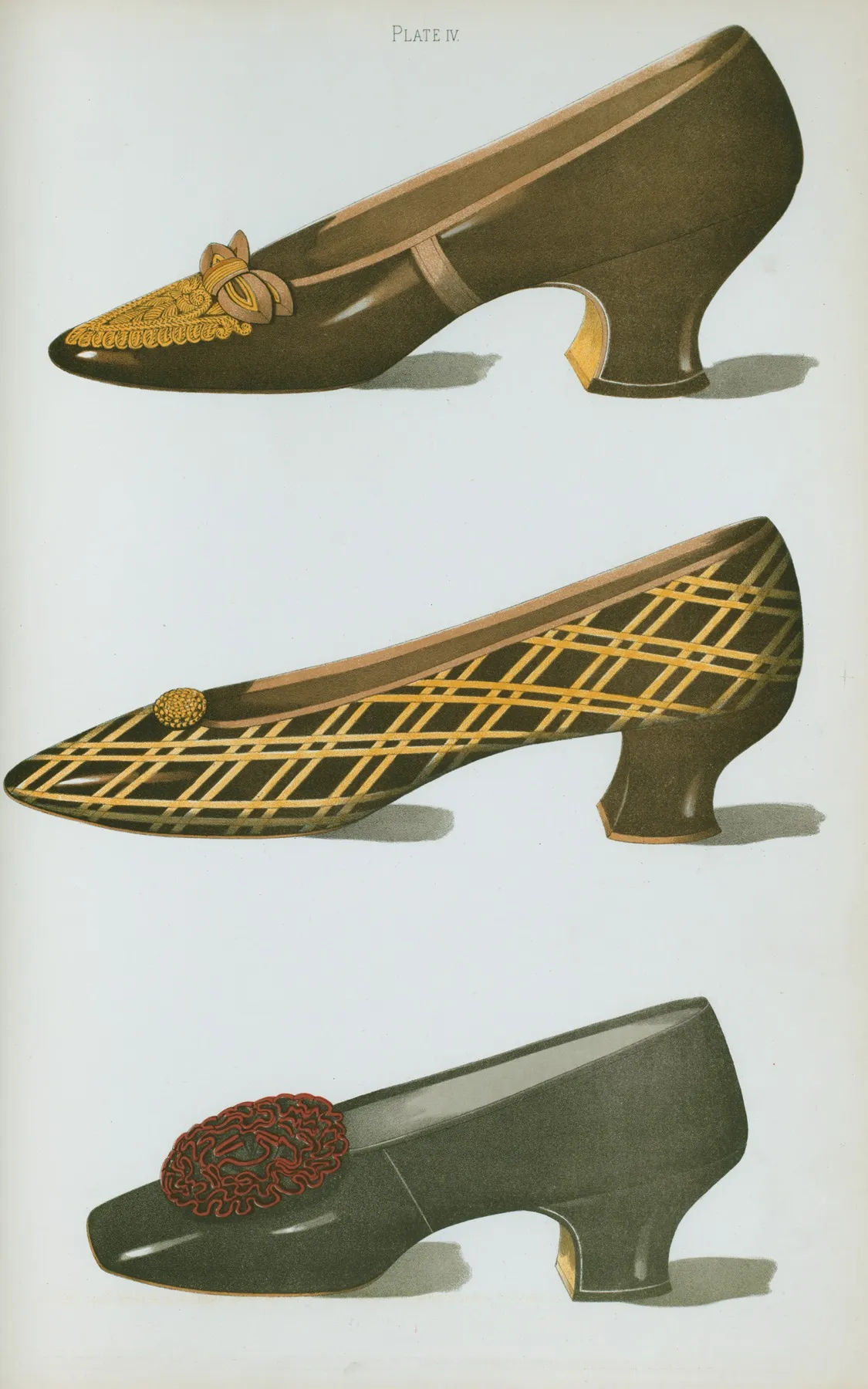 Two Bronze Shoes And One Shoe In Black Glace Kid