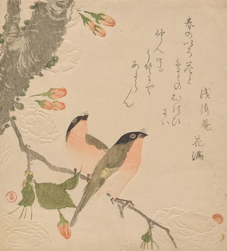 Two Bullfinches On A Double Petalled Cherry Tree Uso Ni Yae Zakura
