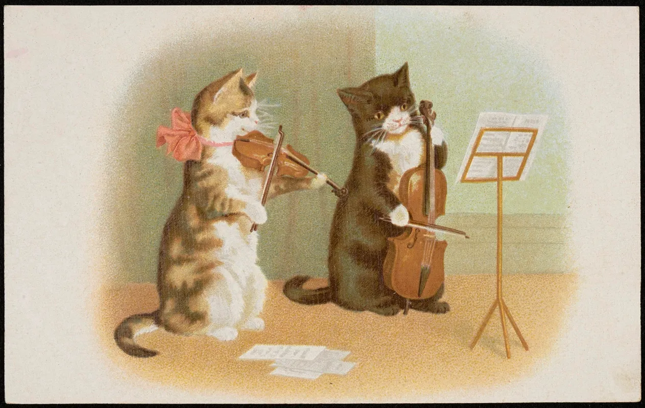 Two Cats Playing The Violin And Double Bass Wall Art by G.O.M - High-Resolution Digital Print