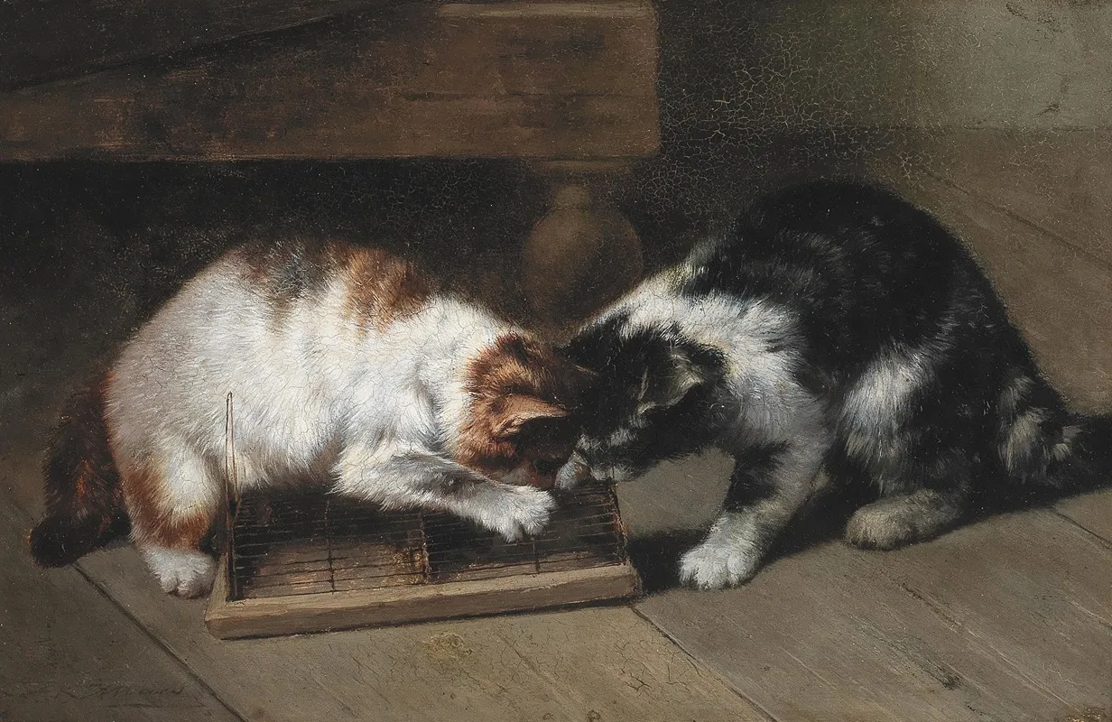 Two Cats With A Prey Wall Art by Eugene Remy Maes - High-Resolution Digital Print