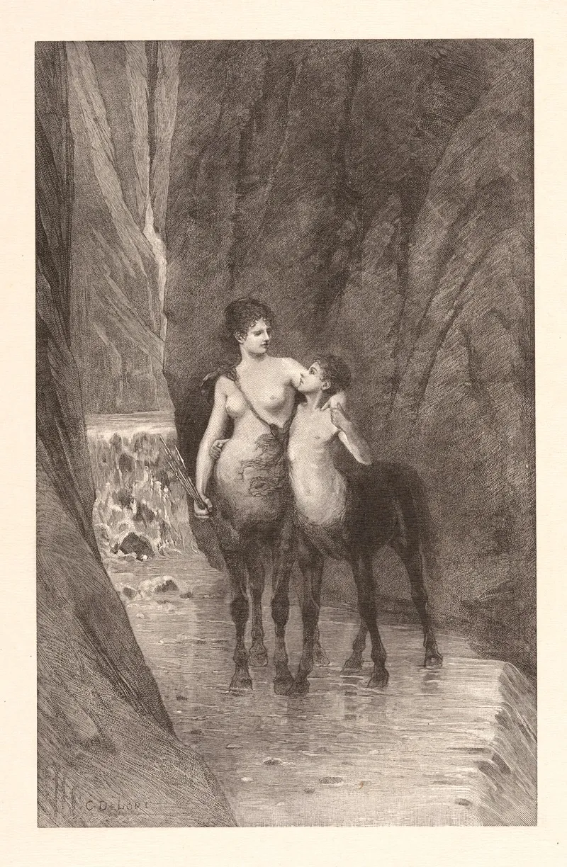 Two Centaurs Mother And Child Standing In Mountain Stream Wall Art by C. DeLori - High-Resolution Digital Print
