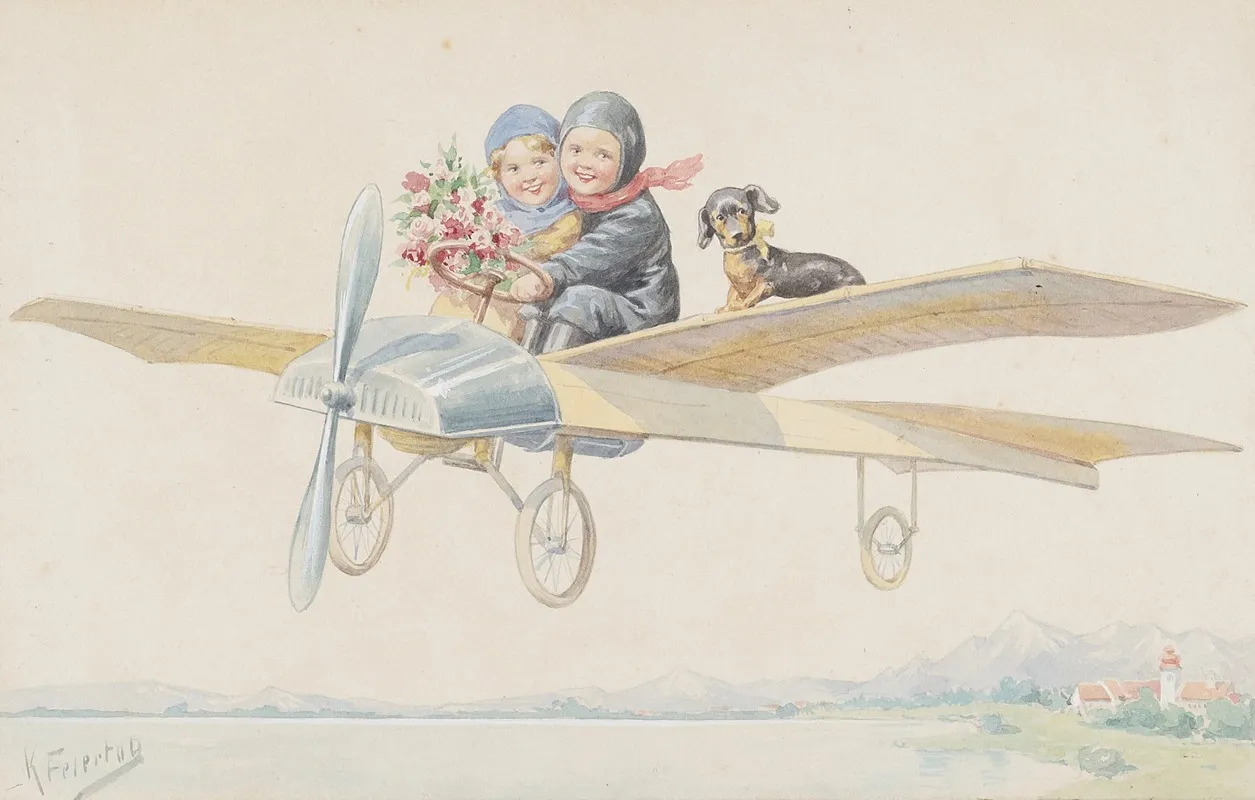 Two Children And A Dachshund On A Plane Wall Art by Karl Feiertag - High-Resolution Digital Print