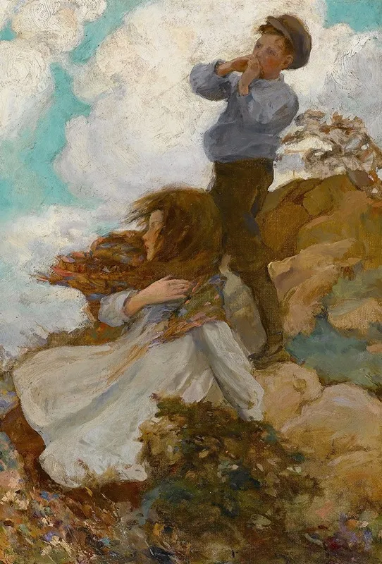 Two Children On A Windswept Hill Wall Art by Circle of Jessie Willcox Smith - High-Resolution Digital Print