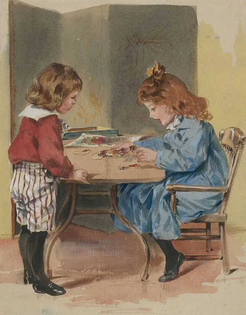 Two Children Playing With A Puzzle Wall Art by McLoughlin Bros - High-Resolution Digital Print