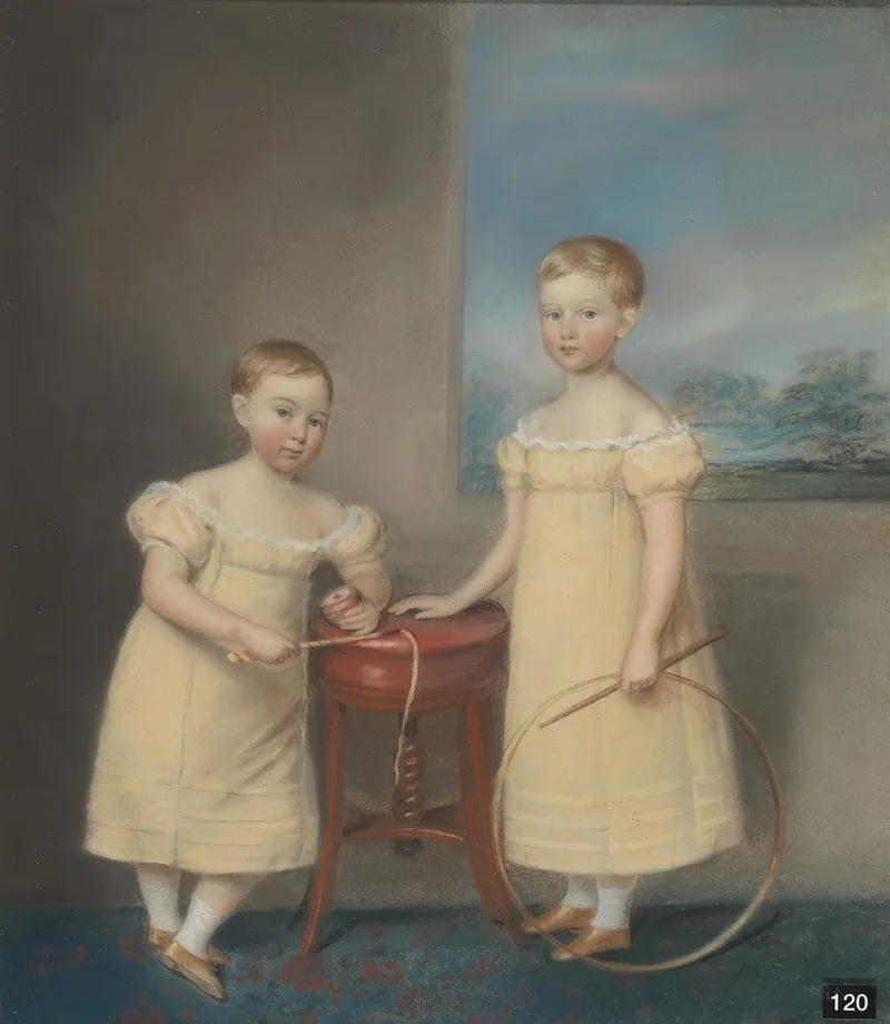 Two Children Wearing Yellow Dresses The Elder Holding A Rolling Hoop And Stick And The Younger Holding A Whip Top And Whip Wall Art by James Sharples - High-Resolution Digital Print