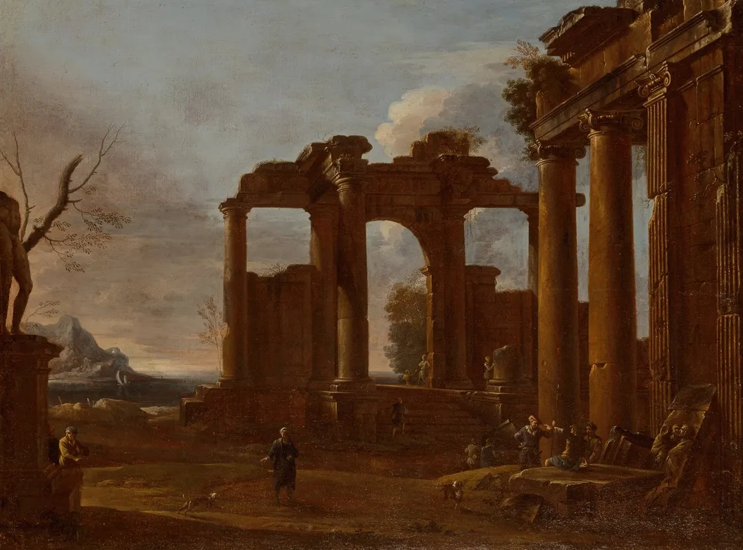 Two Classical Temples In Ruins With Statue Bas Relief And Figures Wall Art by Giovanni Ghisolfi - High-Resolution Digital Print
