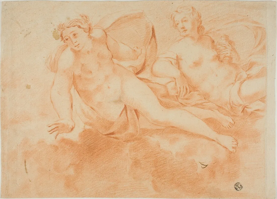Two Cloud Borne Nude Female Figures Wall Art by Carlo Cignani - High-Resolution Digital Print