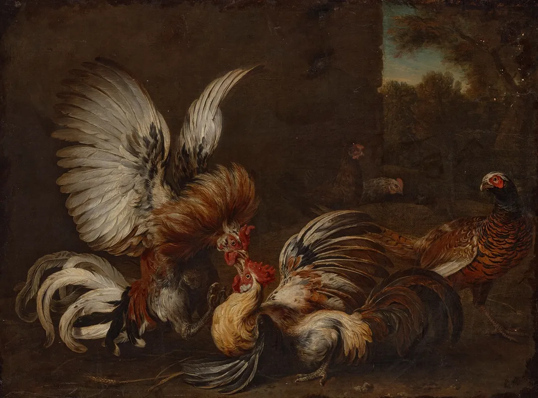 Two Cocks Fighting In A Farmyard A Pheasant And Two Hens Nearby Wall Art by Alexandre François Desportes - High-Resolution Digital Print