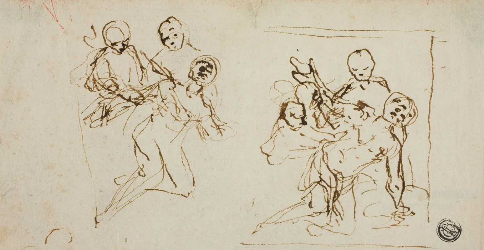 Two Composition Sketches Of Collapsing Figure Supported By Two Other Figures Wall Art by Baldassarre Franceschini - High-Resolution Digital Print