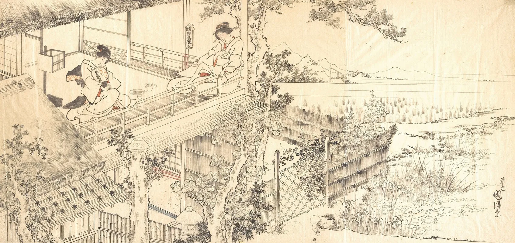 Two Courtesans Enjoying The View From A Teahouse Wall Art by Utagawa Kunisada (Toyokuni III) - High-Resolution Digital Print