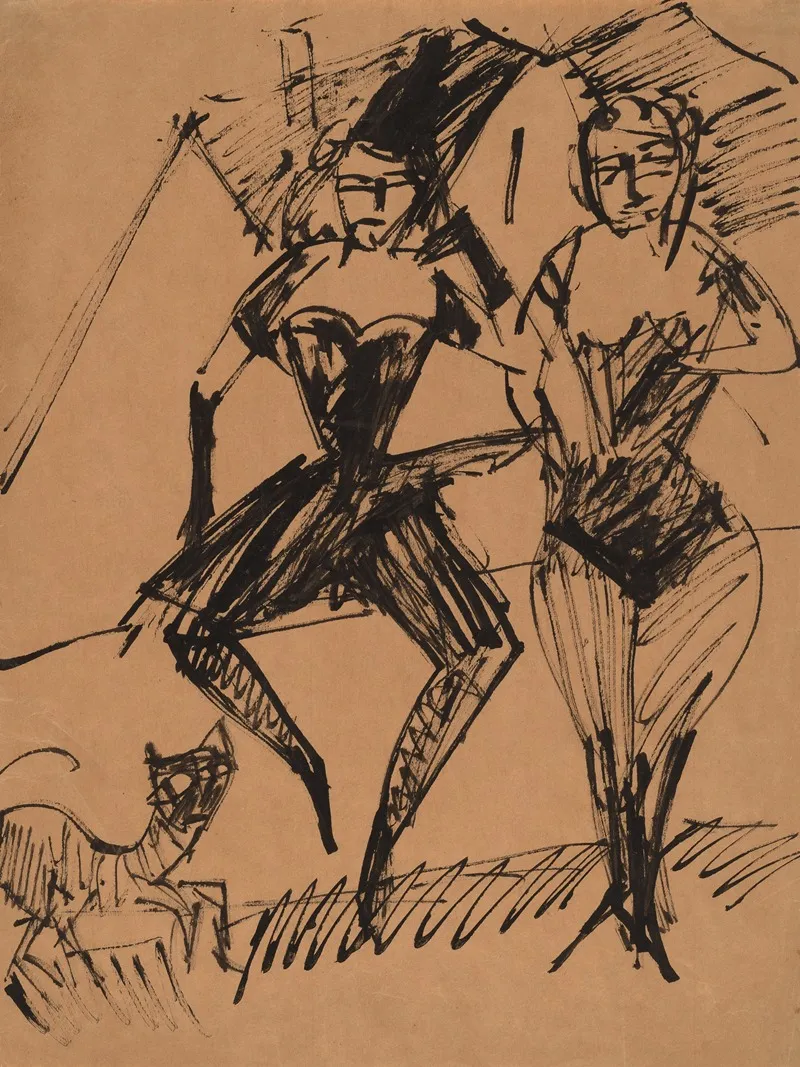 Two Dancers With A Cat Wall Art by Ernst Ludwig Kirchner - High-Resolution Digital Print