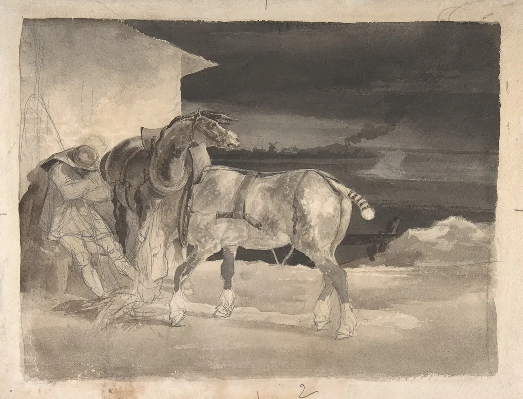 Two Draft Horses With A Sleeping Driver Wall Art by Théodore Géricault - High-Resolution Digital Print