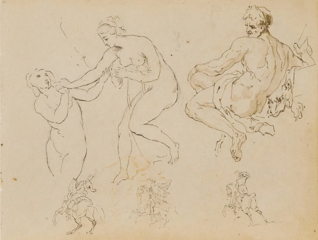 Two Female Nudes Seated Male Nude